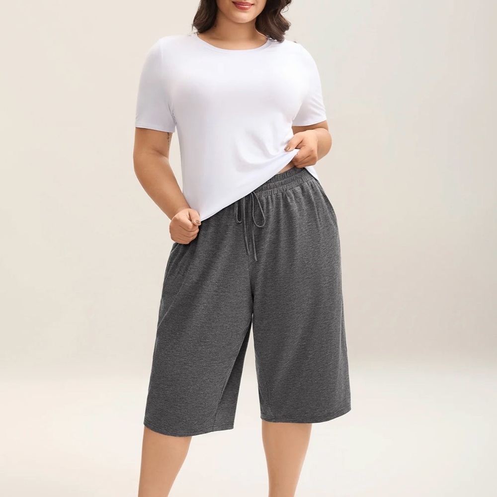 Plus Size Casual Elastic Waist Drawstring Bermuda Shorts - Charcoal Gray